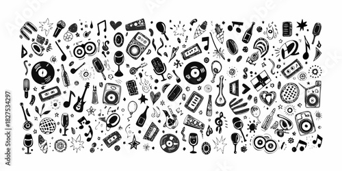 A detailed black and white pattern showcasing various musical instruments and notes