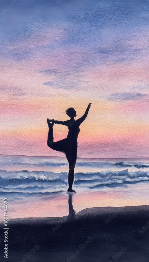 Obraz premium Serene watercolor yoga woman silhouette peaceful sunset shore calm relaxing lifestyle art