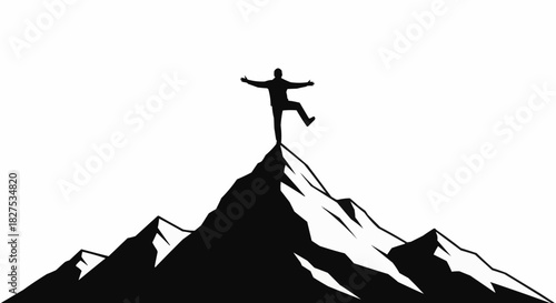 Silhouette of a person balancing on a mountain peak.