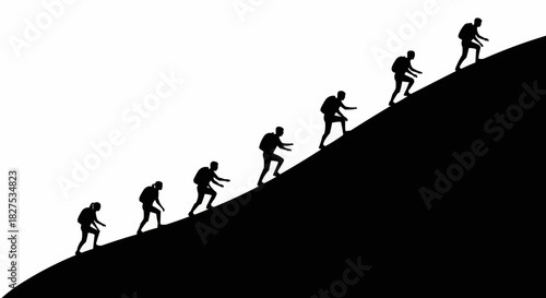 Silhouettes of people climbing a steep hill in a line.