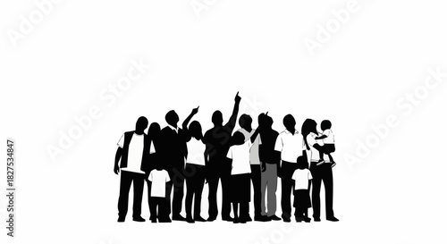 Silhouette of a diverse group of people standing together, some pointing upwards.