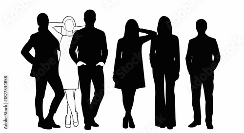 Silhouettes of diverse people standing together in a group.