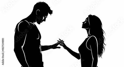 Black and white silhouette of a romantic couple holding hands.