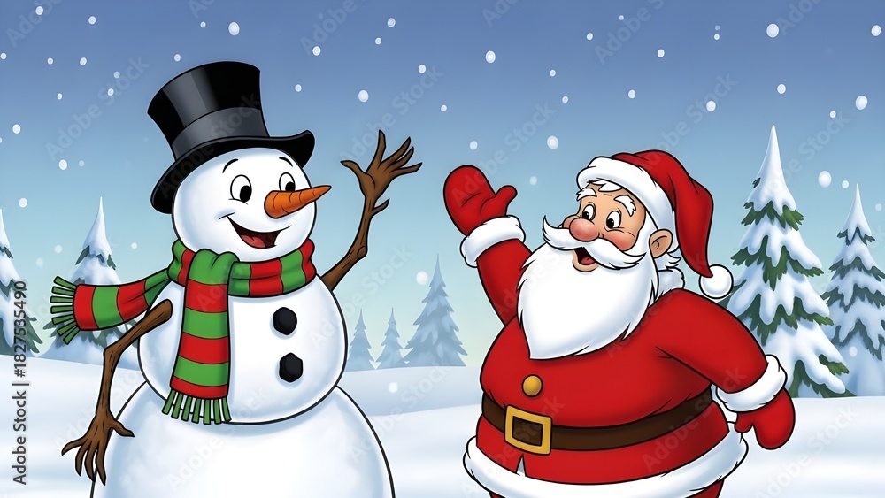 Naklejka premium Snowman waving its hand to Santa