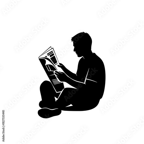 Black and White Silhouette of Man Sitting and Reading Newspaper Vector Illustration
