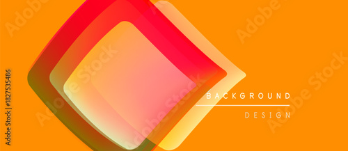 Abstract geometric shapes overlap, creating vibrant orange, red gradients. Design features text background design subtly placed.