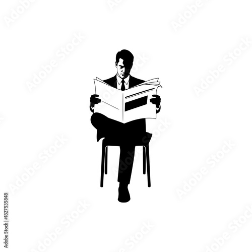 Black and White Silhouette of Businessman Reading Newspaper in Chair Vector Illustration