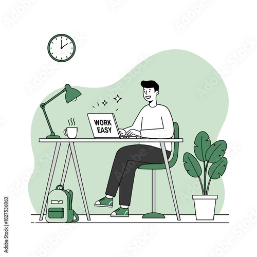 Man working at desk with laptop and plant in modern office