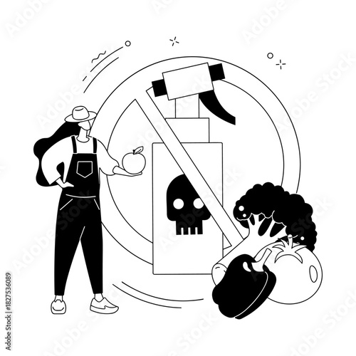 Worker with shovel and pickaxe near skull symbol and plant