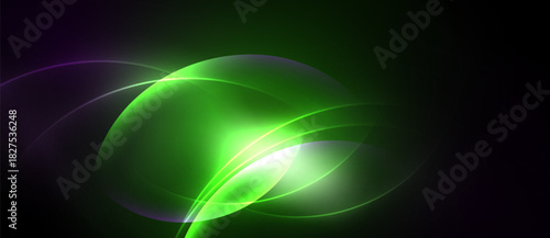 Abstract design features vibrant green, purple glows. Smooth curves create organic, flowing shapes against dark background. Light radiates energy.