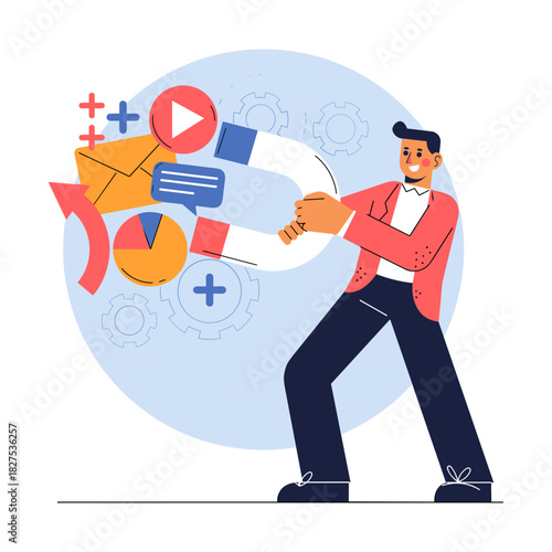 Man using a large magnet to attract digital marketing icons and data