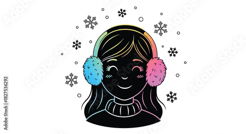 Happy girl wearing colorful fluffy earmuffs with a rainbow gradient effect her hair and sweater, surrounded by falling snowflakes
