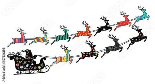Festive illustration of santas sleigh with a team of colorful, patterned reindeer flying through air