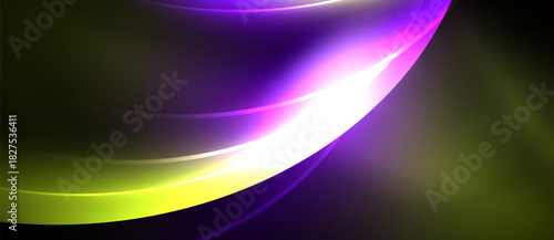 Abstract design features flowing curves, vibrant colors. Purple, yellow, pink blend into dark background. Smooth gradients create dynamic visual effect.