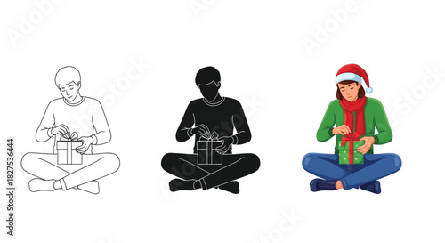 Person sitting crosslegged and unwrapping a christmas gift, shown in outline, silhouette and full color