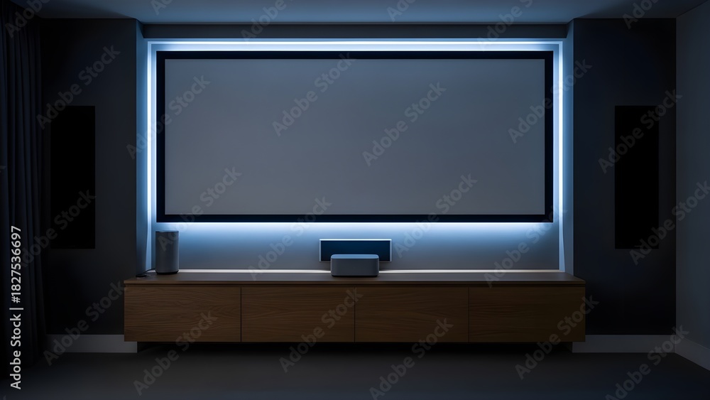 Fototapeta premium Home theater with large screen and blue lighting speakers on wall.