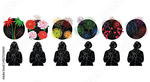 Silhouettes of people looking up with colorful circular elements of fireworks, flowers and palm trees