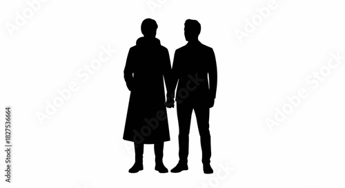 Minimalist black silhouette of two men standing together.