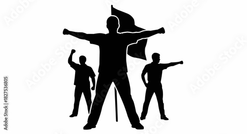 Silhouette of three men standing with a flag in the middle.