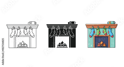 Christmas fireplace with stockings, outline, silhouette, and color versions