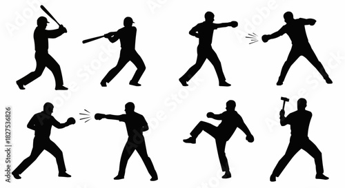 Dynamic Silhouettes of Men Engaged in Various Action Poses.