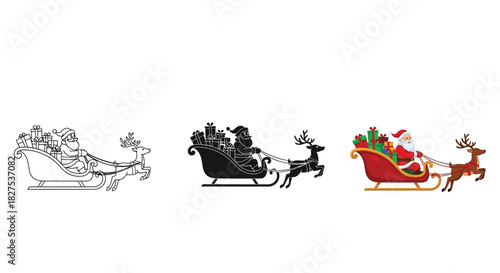 Santa claus, reindeer, and sleigh in line art, silhouette and colorful illustration styles