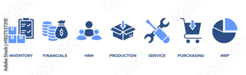 ERP banner web vector illustration concept enterprise resource planning with icons of inventory, financials, hrm, production, service, purchasing, mrp