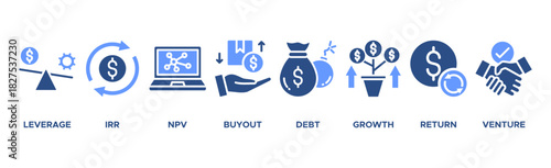 Private Equity banner web icon vector illustration concept with icon of leverage, irr, npv, buyout, debt, growth, return, and venture