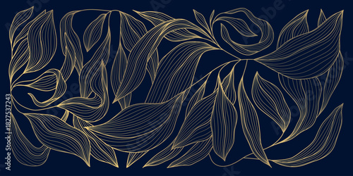 Vector luxury flower pattern, gold floral line art, elegant art deco, Japanese details, abstract background rich vintage charm. Premium leaves plant illustration. Nature ornament