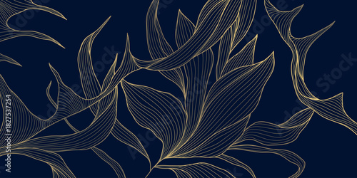 Vector luxury flower pattern, gold floral line art, elegant art deco, Japanese details, abstract background rich vintage charm. Premium leaves plant illustration. Nature ornament
