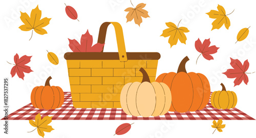Autumn picnic composition with wicker basket pumpkins and falling maple leaves on checkered blanket pixel art vector illustration