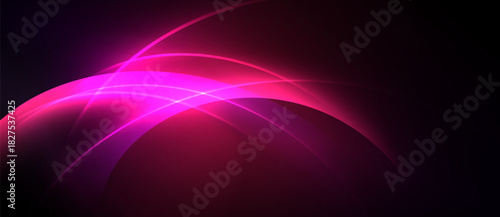 Abstract design features vibrant pink curves against dark background. Smooth gradients create luminous effect, modern aesthetic.