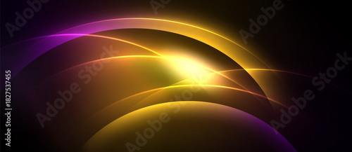 Abstract vibrant light curves radiate from central bright point. Colors blend, creating dynamic visual effect. Dark background emphasizes luminosity.