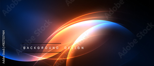 Abstract neon lights create flowing curves. Blue, orange hues blend, forming dynamic background design. Dark space emphasizes bright illumination.