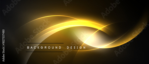 Dark background features golden glowing curves. Abstract design with text background design below bright center point. Modern, dynamic visual.
