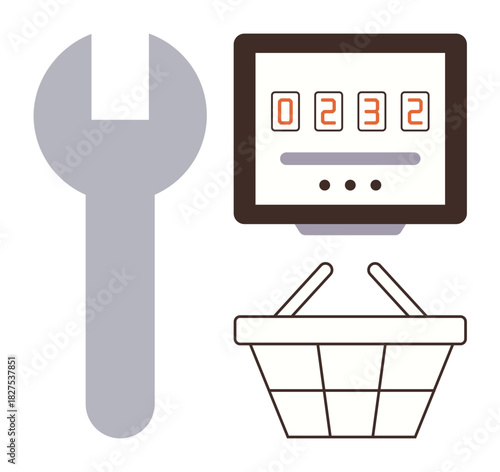 Wrench, digital screen with numeric display, and shopping basket representing online shopping, tools, and analytics. Ideal for e-commerce, software, technology, repair marketing analytics simple