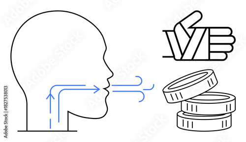 Human profile emitting arrows for speech, hand giving thumbs-up for approval, stacked coins for reward. Ideal for communication, feedback, value exchange, interaction, business, economy