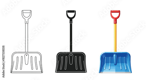 Three distinct snow shovels a line art, a solid black silhouette, and a vibrant blue plastic shovel