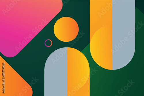 A vibrant abstract background featuring dynamic flowing shapes in motion, blending seamlessly into a colorful gradient backdrop. Smooth curves, layered forms, and fluid transitions create a sense of d