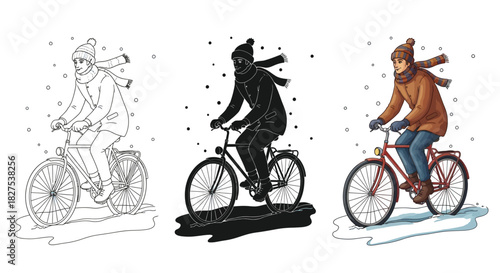 Winter cyclist illustration set, outline, silhouette and colored versions