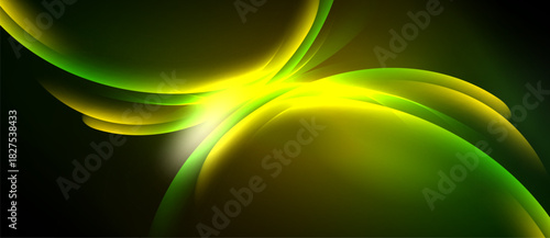 Abstract design features flowing yellow, green shapes. Bright light emanates from central point, creating dynamic visual effect. Smooth gradients dominate composition.