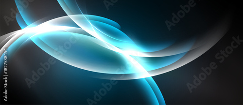 Abstract flowing shapes, vibrant blues, bright white light. Dynamic composition creates energy, modern aesthetic. Smooth gradients, dark background.
