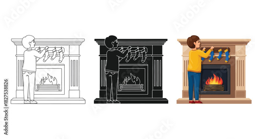 Child decorating a festive fireplace mantel with holiday garland and stockings