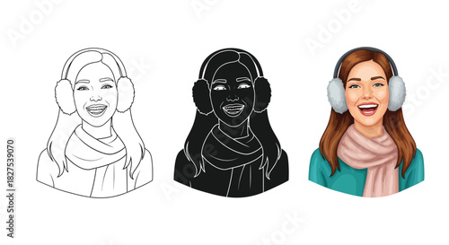 Three artistic styles of a happy young woman wearing earmuffs and a scarf, including line art, silhouette and full color illustration