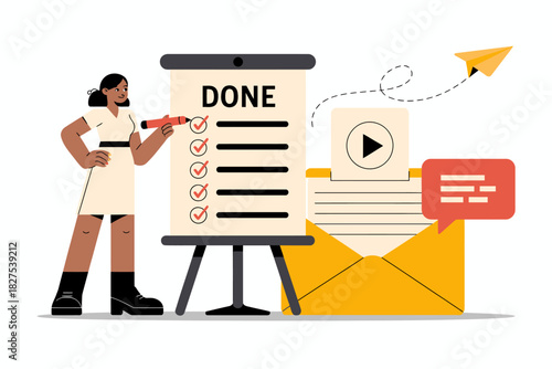 This dynamic illustration features a confident woman beside a checklist, demonstrating productivity and effective communication, ideal for business or self-improvement themes.