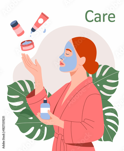 A woman applies a soothing facial mask while holding various skincare products, promoting self-care and relaxation in a stylish and artistic presentation.