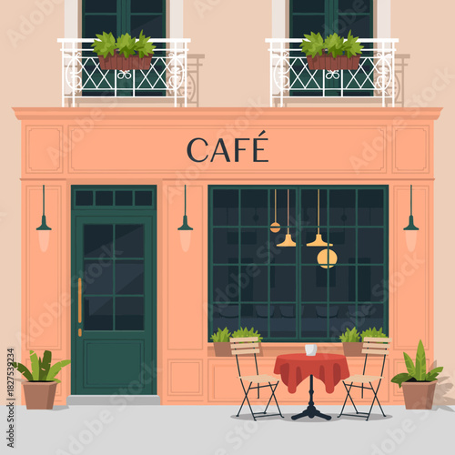 This picturesque café showcases a contemporary design with a vibrant façade, inviting atmosphere, and stylish seating, embodying the essence of modern community spaces.