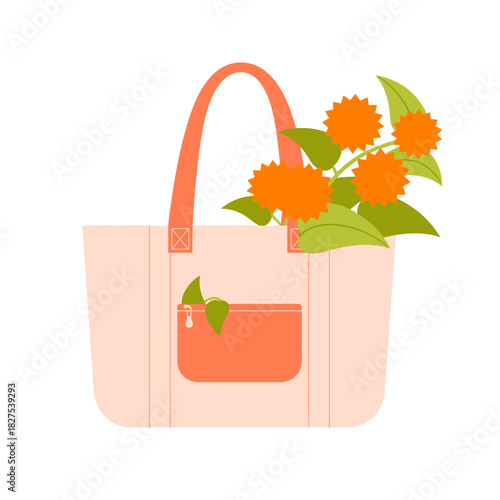 A stylish handbag overflowing with fresh flowers, symbolizing beauty, nature, and practicality, perfect for everyday use or special occasions while representing a love for nature.