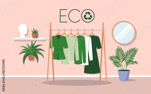 This stylish display features eco-friendly clothing arranged elegantly in a chic, minimalist setting, surrounded by plants that emphasize sustainability and environmental responsibility.