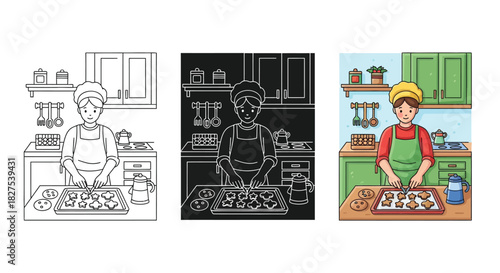 Set of three illustrations depicting a person baking cookies in a kitchen, showing line art, silhouette and colored versions